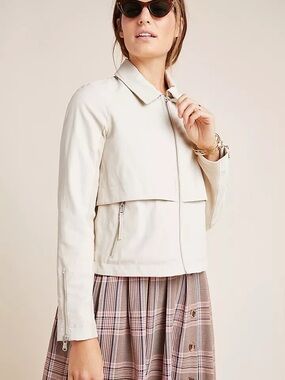 Anthropologie Faux Leather Jacket Ivory Cropped Anorak Jacket Moto Zip Front S